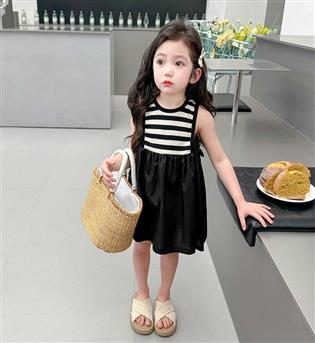 24202608-پیراهن دخترانه حلقه ای راه راه کرم مشکی 