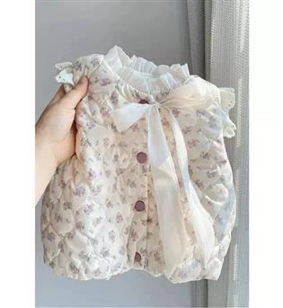 50203276-پافر دخترانه طرح گل جلو دکمه بنفش و پاپیون