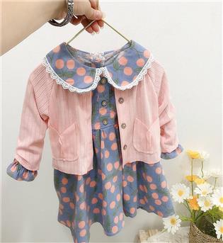 46202469-دو تیکه پیراهن دخترانه طرح گل با ژاکت صورتی