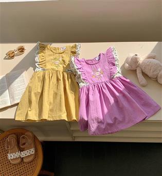 27202765-پیراهن دخترانه حلقه ای آستین افتاده جلو طرح گل و سر بچه خرس