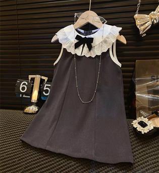 28202959-پیراهن دخترانه حلقه ای دور یقه گیپور و پاپیون مشکی