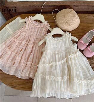 39202963-پیراهن دخترانه حلقه ای پفکی چیندار دور یقه و آستین مروارید