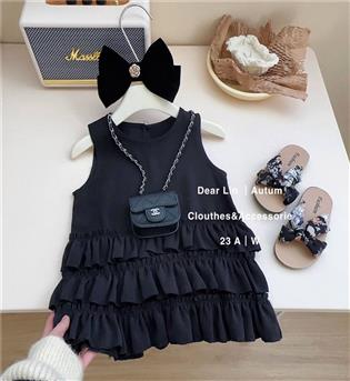 24202115-پیراهن دخترانه حلقه ای مشکی پایین چین