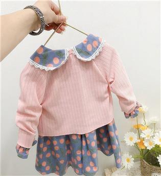 46202469-دو تیکه پیراهن دخترانه طرح گل با ژاکت صورتی