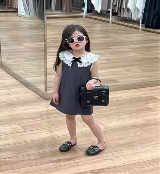 28202959-پیراهن دخترانه حلقه ای دور یقه گیپور و پاپیون مشکی