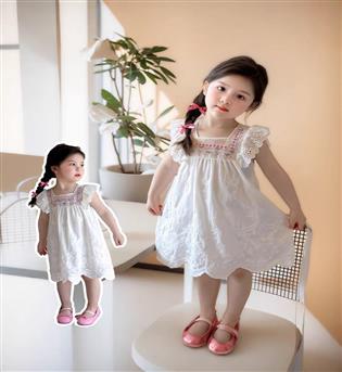 34202764-پیراهن دخترانه یقه خشتی دور یقه گلوزی آستین افتاده
