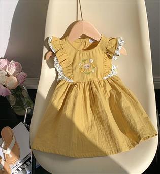 27202765-پیراهن دخترانه حلقه ای آستین افتاده جلو طرح گل و سر بچه خرس