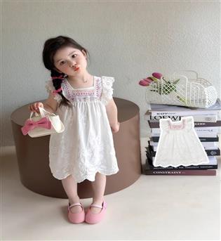 34202764-پیراهن دخترانه یقه خشتی دور یقه گلوزی آستین افتاده